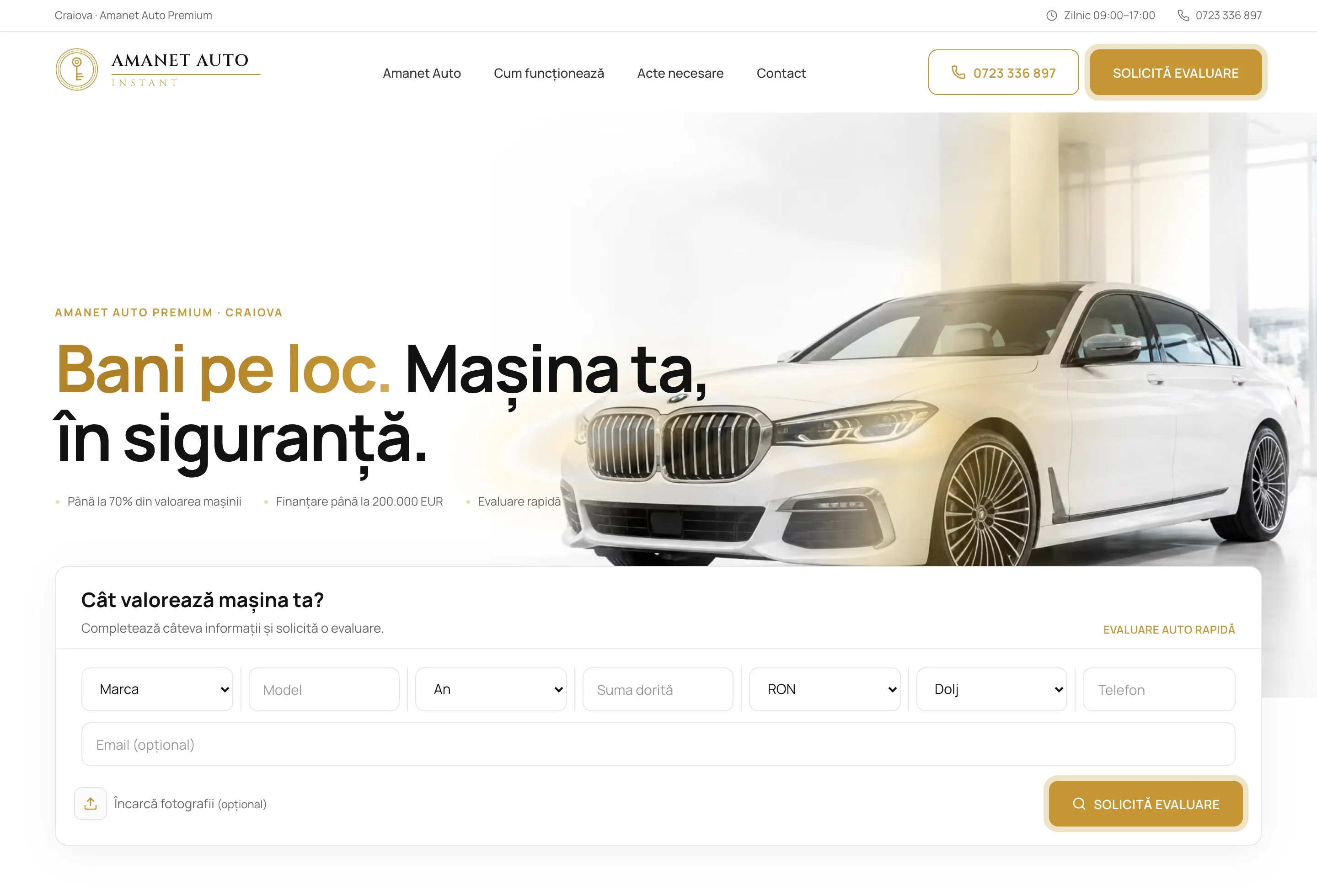 Amanet Auto Instant — homepage comercial cu evaluare auto