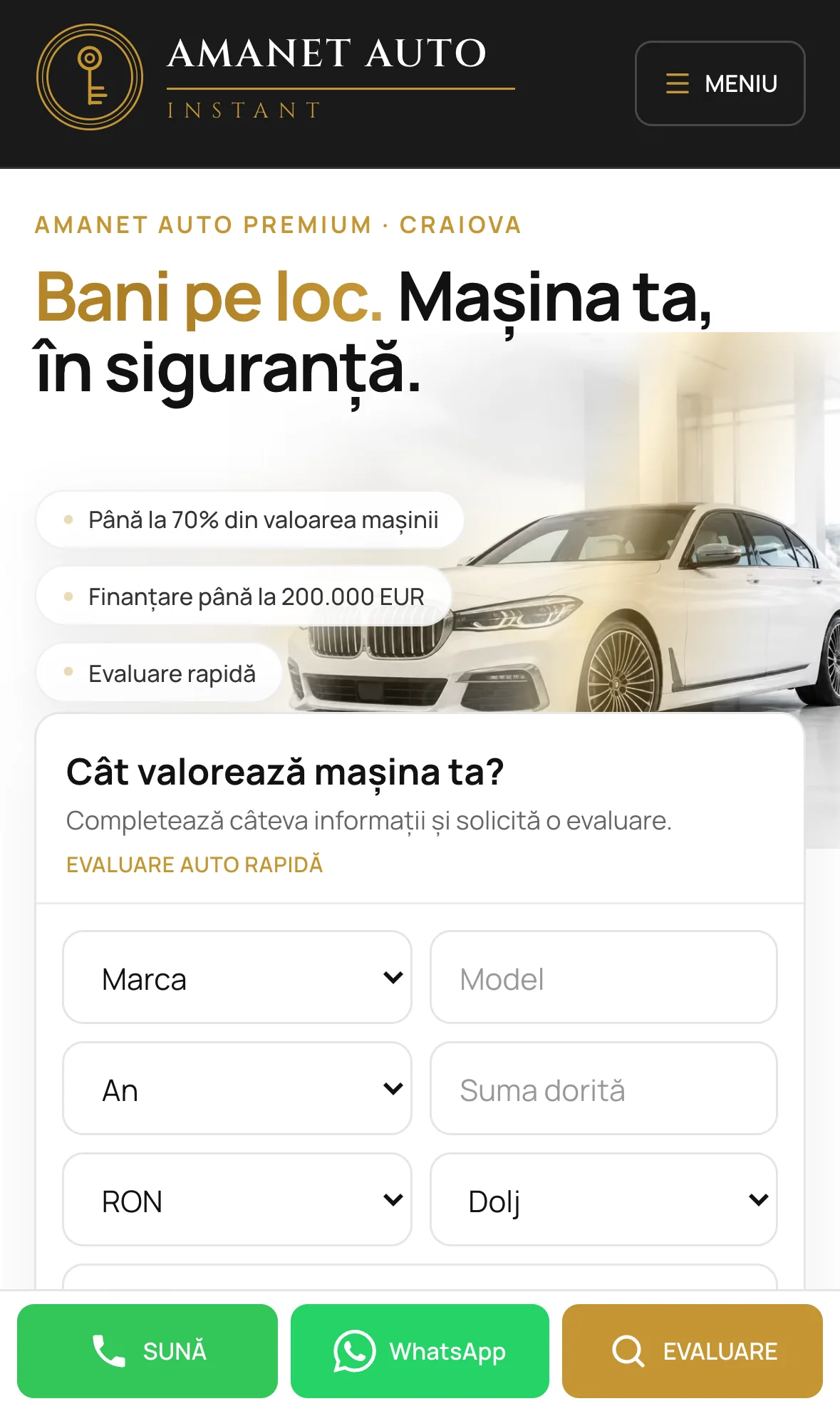 Amanet Auto Instant — homepage comercial cu evaluare auto — mobil