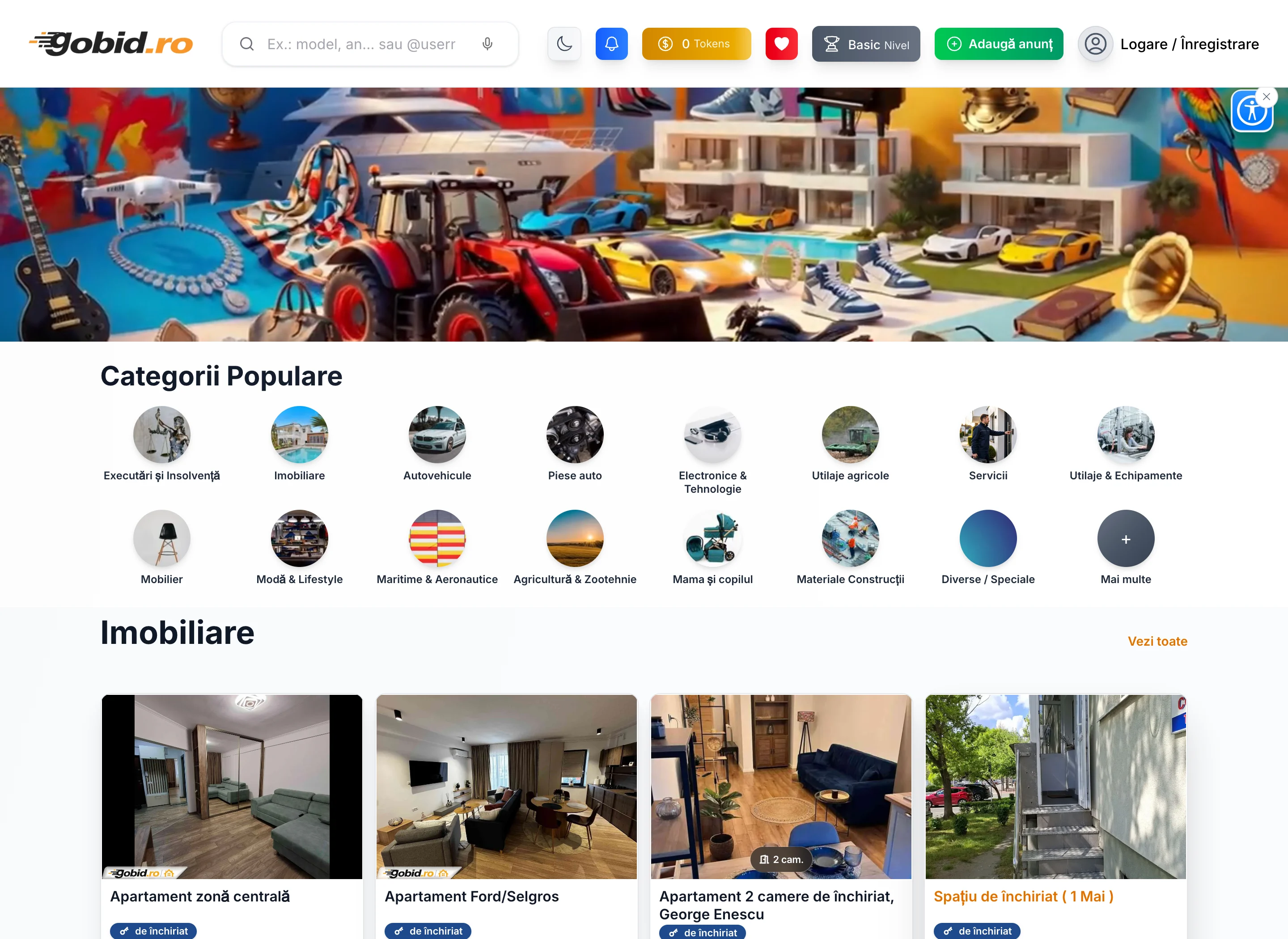 Gobid.ro — header, hero video, categorii și listări reale