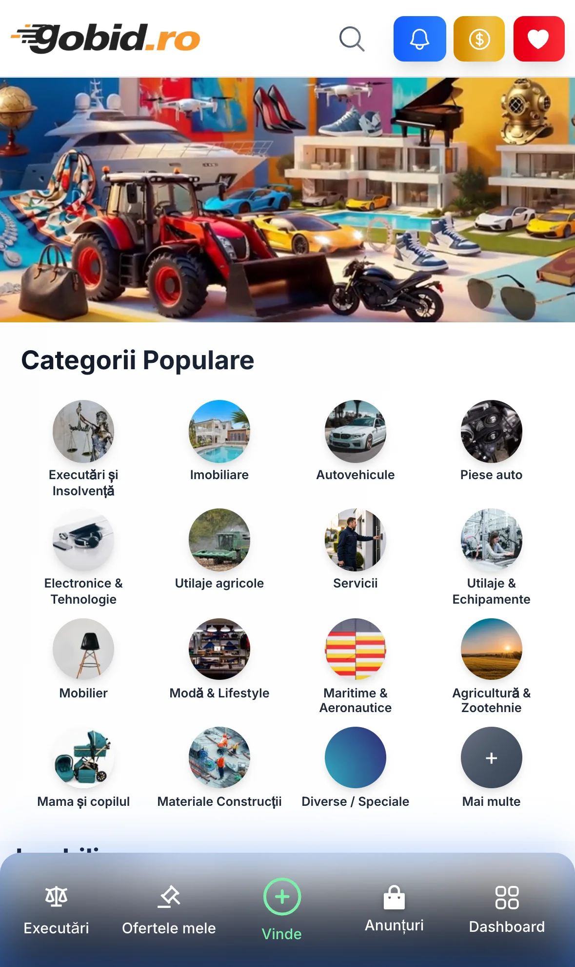Gobid.ro — header, hero video, categorii și listări reale — mobil
