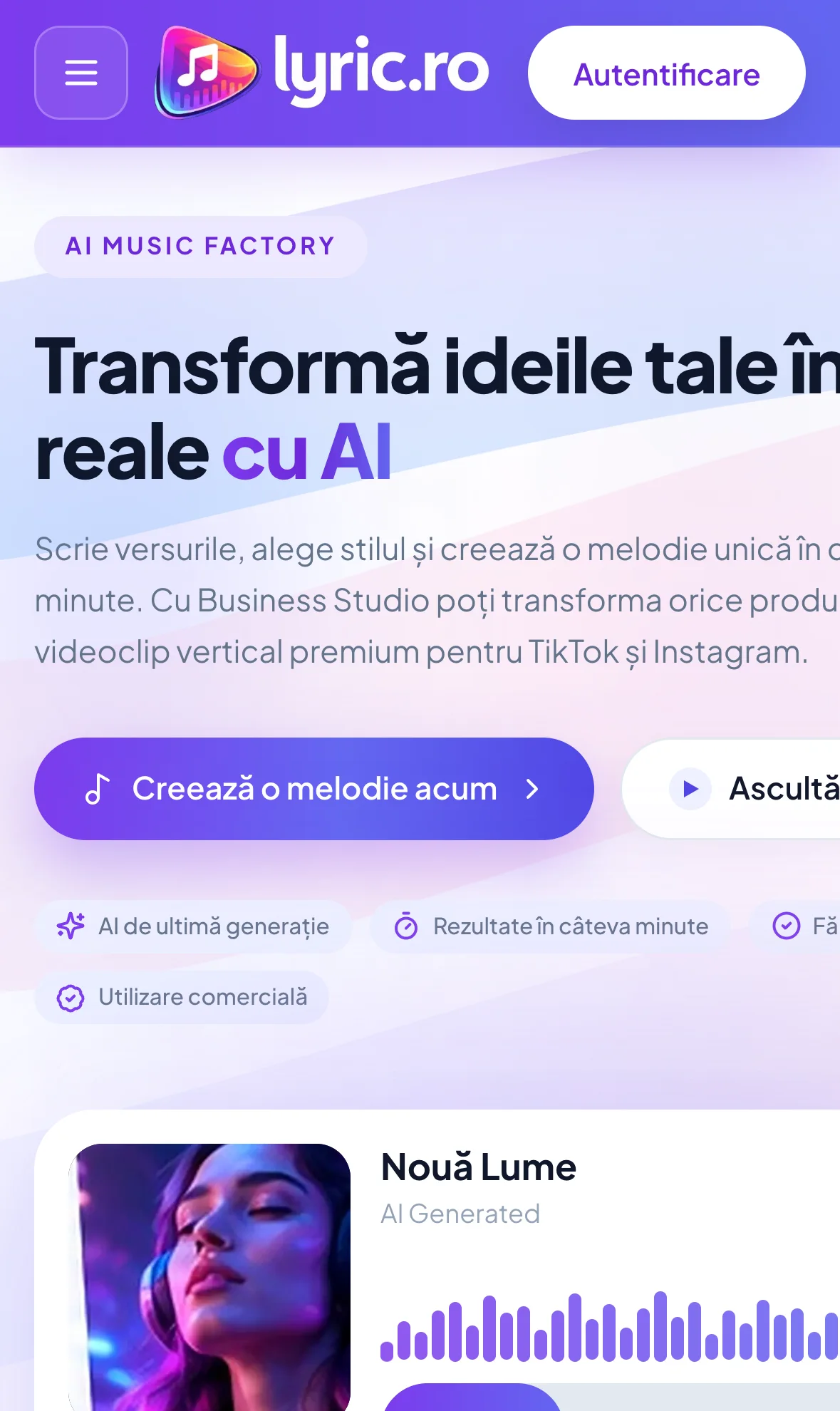 Lyric.ro — homepage AI Music Factory — mobil