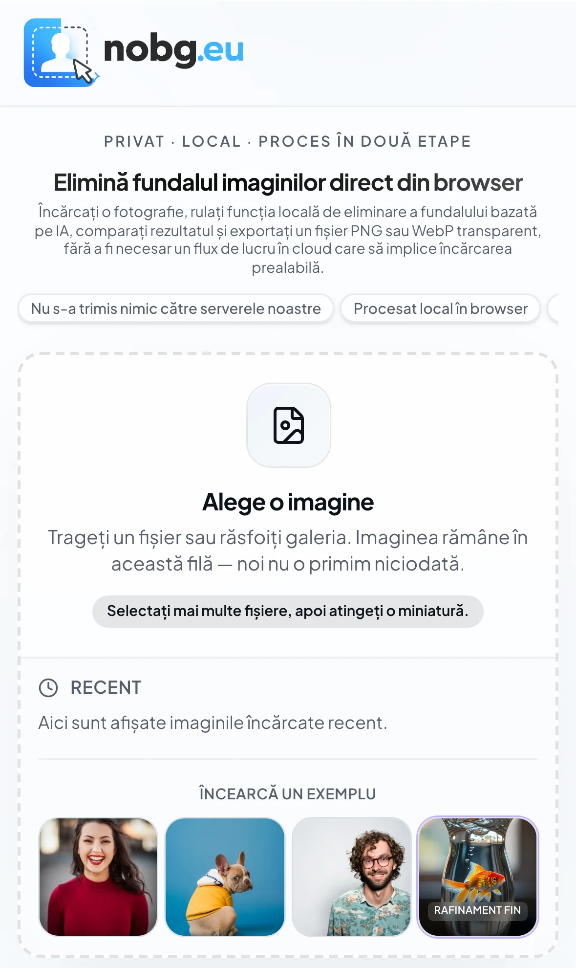 NoBG.eu — homepage cu procesare AI locală în browser — mobil